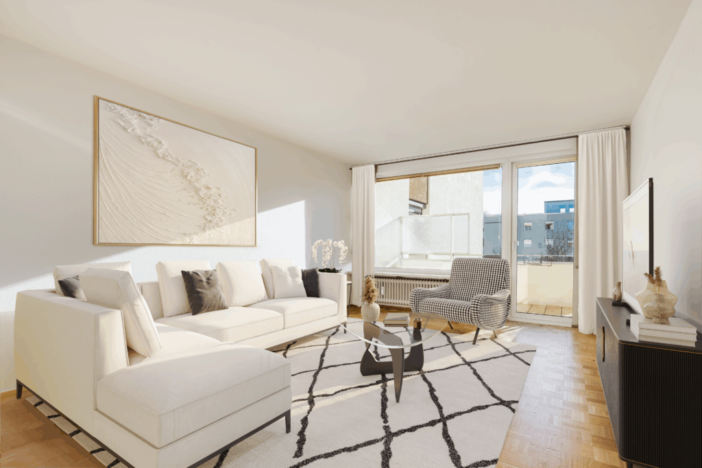 Home Staging mit klassischem Mobiliar in einem Altbau mit hohen Decken und Stuck.