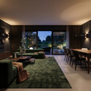 Design-Wohnraum mit Esszimmer, dunklen Wänden und Zugang zur Terrasse mit Gartenblick