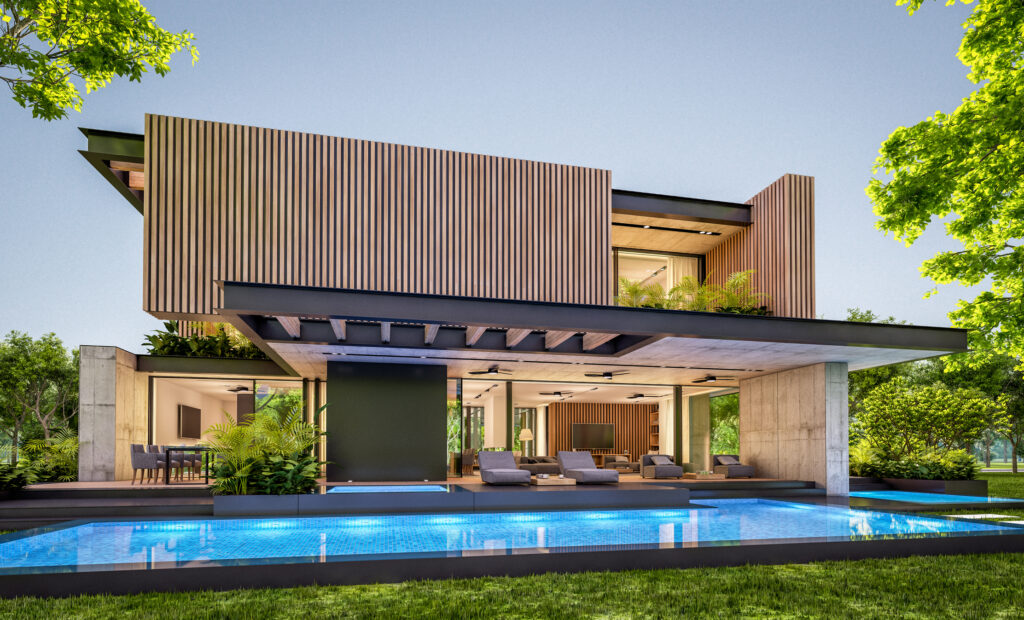Zeitgenössische Villa mit bodentiefen Fenstern, Poolbereich und minimalistischer Architektur