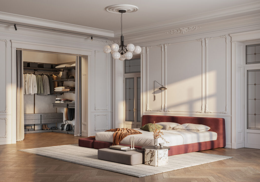 Elegantes Schlafzimmer mit Stuckelementen, Holzboden und begehbarem Kleiderschrank